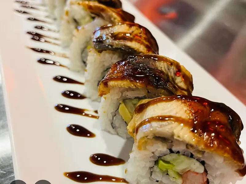 Unagi eel roll with avocado, glazed with sauce at Kublai Khan Crazy Mongolian Stir Fry & Sushi Bar, a Asian Restaurant in Austin